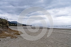 A person in the distance walking a dog on an overcast morning on the beach near Yachats, Oregon, USA