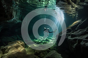 A person diving through a stalactite cave. Generative AI