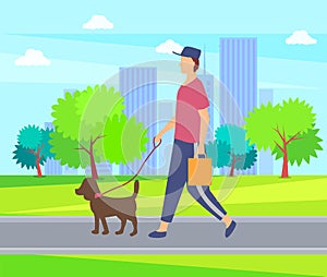 Person with Dog on Lead Walking in Park, Buildings