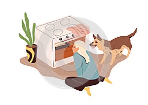 Person and dog looking at oven with pie baking. Happy child waiting for home meal to be prepared in kitchen. Girl and