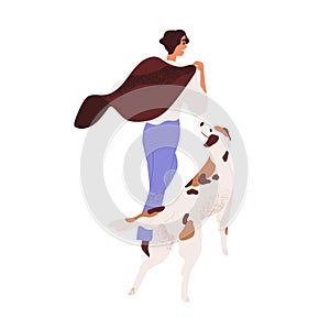 Person and dog walking. Happy man and doggy companion during stroll outdoors. Relaxed carefree pet owner and canine