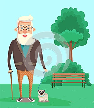 A person with a dog is walking on the street. Elderly man with pug spends time outdoors in the park