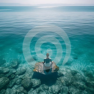 A person doing meditation or meditating at the center of the ocean