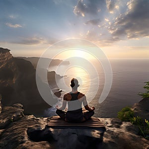 a person doing yoga on a ledge of a cliff overlooking the ocea
