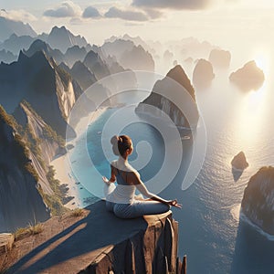 A person doing yoga on a ledge of a cliff overlooking the ocea