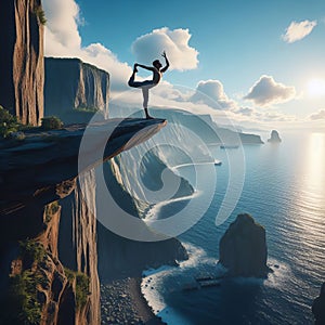 A person doing yoga on a ledge of a cliff overlooking the ocea