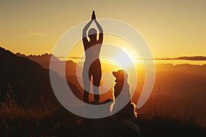 A person doing yoga at sunrise with their dog by their side, symbolizing peace and wellness in pet-friendly activities