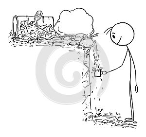 Person Drinking Polluted or Contaminated Water in Nature From Spring or Fountain, Vector Cartoon Stick Figure