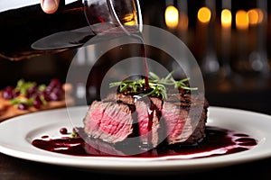 person drizzles steak with red wine reduction