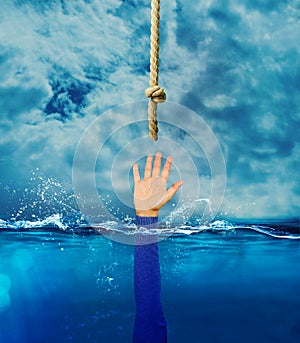 Person is drowning and needs help. concept of crisis and problem