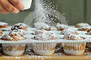 person dusting powdered sugar over muffins in silicone molds