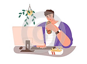 Person eating fast food, sitting at computer desk at work. Office worker having meal, snack at workplace, PC. Man