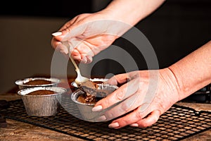 Person eating molten chocolate cake