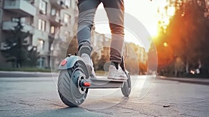 A person on an electric scooter rides in the city at sunset, demonstrating the power and manufacturability of the device photo