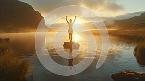 Person embraces the sunrise on a solitary rock in a misty lake