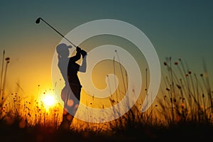 A person energetically swings a golf club against a backdrop of a stunning sunset, A lady golfer preparing for a swing against