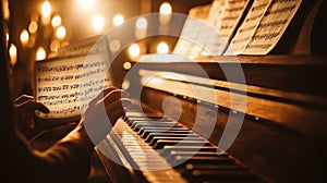 Learning piano through online tutorials with inspiring lighting and digital music sheets during a creative evening photo