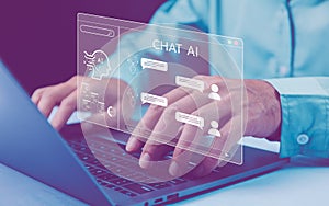 Person engaging with advanced Chat AI technology on laptop, showcasing conversational interfaces and machine learning. Concept of