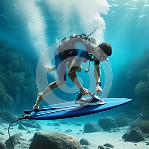 A person engaging in competitive extreme ironing underwater it