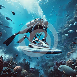 A person engaging in competitive extreme ironing underwater 