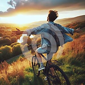 A person enjoying a leisurely bike ride in the countryside an photo