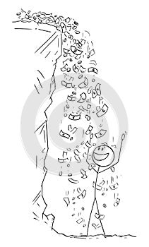 Person Enjoying Money Falling as Waterfall, Vector Cartoon Stick Figure Illustration