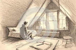 person, enjoying peaceful moment in tranquil attic, pencil sketch on vintage paper