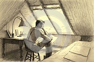 person, enjoying peaceful moment in tranquil attic, pencil sketch on vintage paper