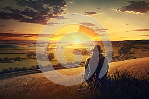 person, enjoying peaceful sunset, surrounded by fields and pastures