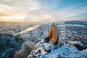 person enjoying a scenic view of a snow-covered lake from a mountaintop