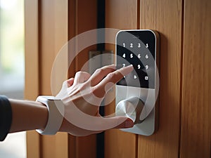 Person Entering a Code on a Modern Smart Door Lock