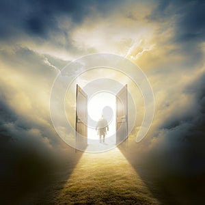 Person entering heaven through a door photo