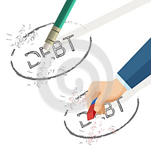 Person erase word debt written on paper, vector illustration