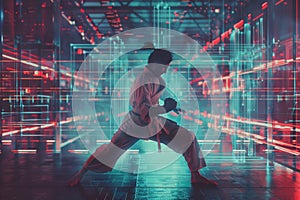 A person executing Ju Jitsu moves in a room filled with neon lights, A retro-futuristic interpretation of Ju Jitsu moves in a sci- photo