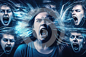 person experiencing schizophrenic episode, with multiple voices and visions surrounding them photo