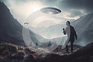 person, exploring alien world and discovering unknown alien lifeforms photo