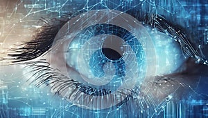 Person eye watching cyber data, abstract digital information background, wide blue banner