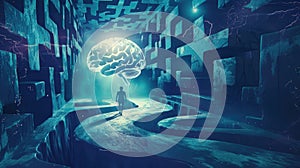 Person facing a glowing brain maze . National Mental Health Awareness