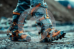 Person feet with a physical disability using an exoskeleton to participate in outdoor activities such as hiking