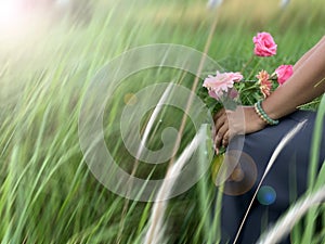 Person in a field holding pink rose flowers in hands on lap on green weeds with the wind background