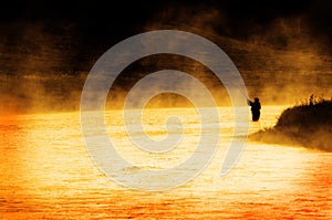 Person Fishing Man Silhouette Sunrise River Lake Mist