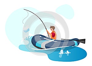 Person fishing in sea full of garbage flat concept icon