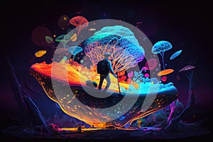 person, floating on magic mushroom trip, with lightshow of colors and shapes