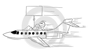 Person Flying on Aircraft and Holding Empty Sign, Vector Cartoon Stick Figure Illustration