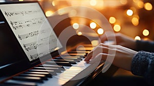 Learning piano through online tutorials in a cozy setting with warm lighting and music sheets on a digital tablet photo