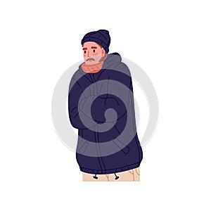 Person freezing, shivering in jacket outdoors. Frozen man shaking from cold weather and frost, low temperature in winter