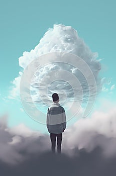 A person is in front of clouds conceptual digitalism, concept of Limitlessness, created with Generative AI technology