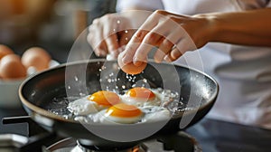 A person is frying eggs in a pan with some water, AI