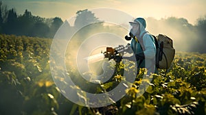 person fumigating field with pesticide or insecticide. Worker wearing protective clothes.