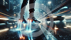 Person with futuristic hover boots above city street at night